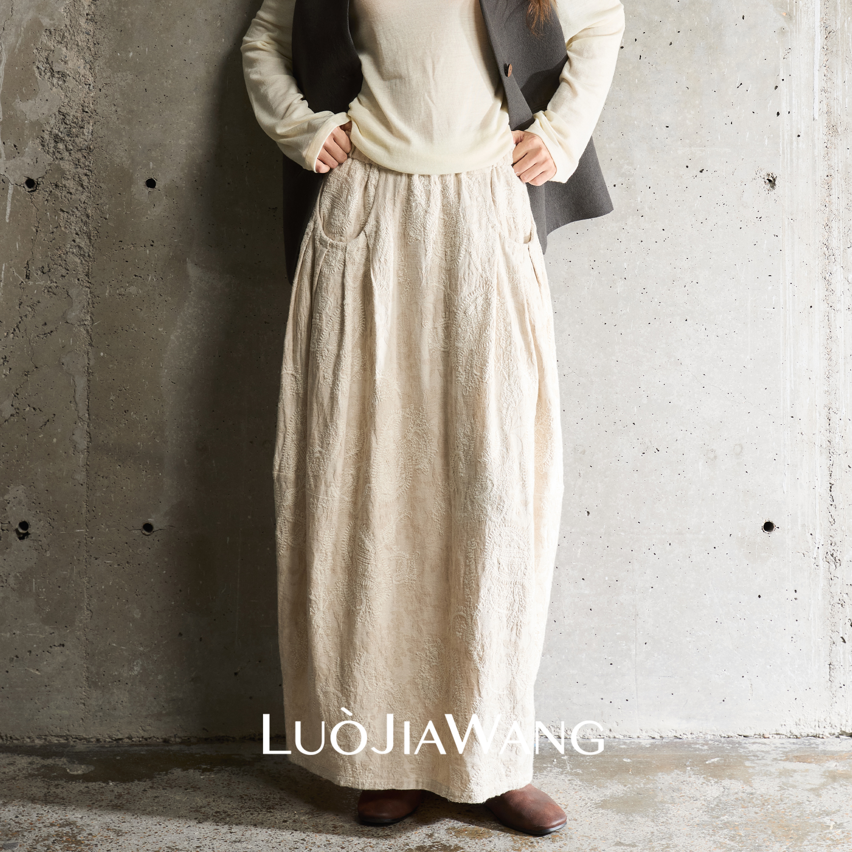 亚麻棉混纺艺术纹理提花工艺花苞半裙LUOJIAWANG【玩趣口袋裙】