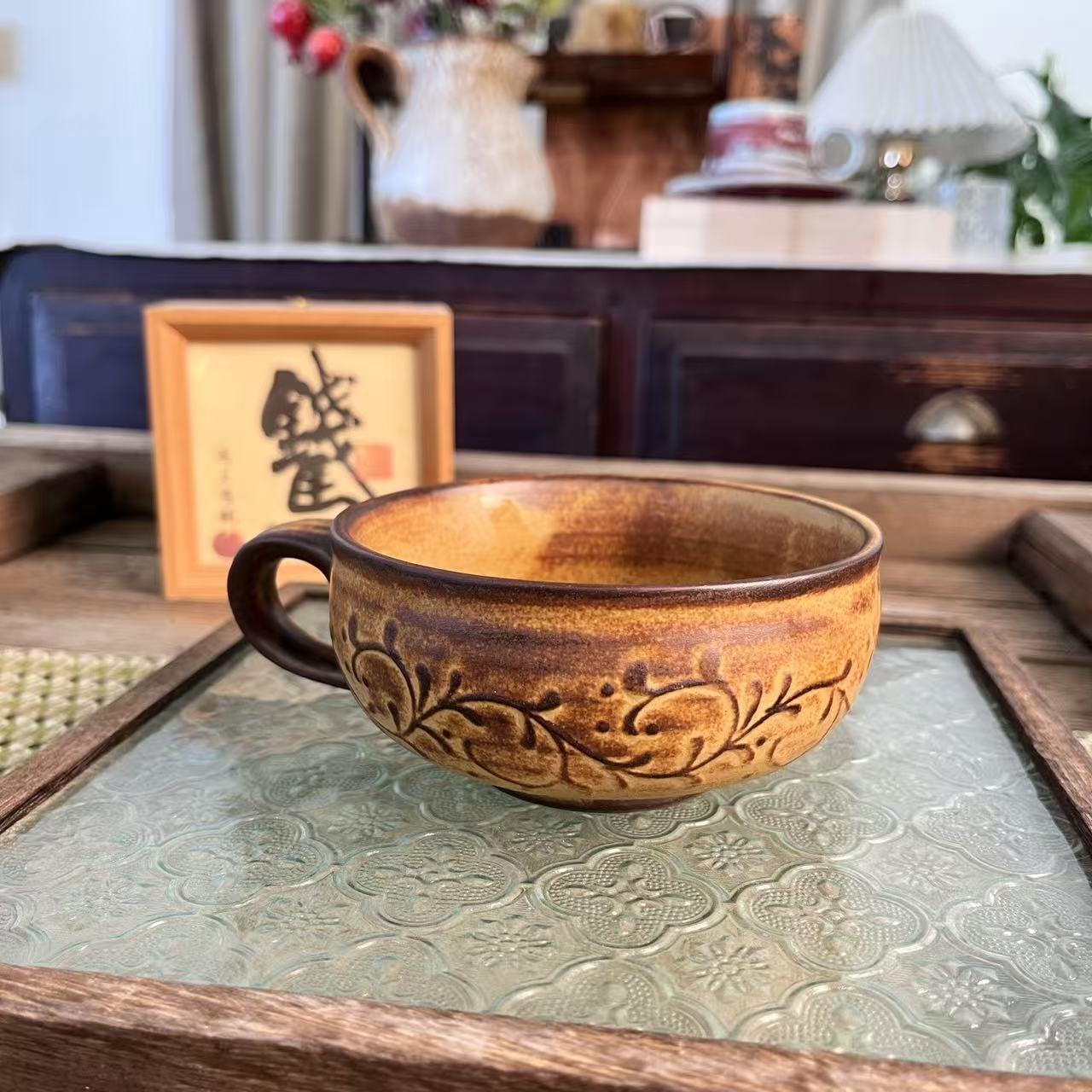 复古黄大圆口咖啡杯 300ml B035