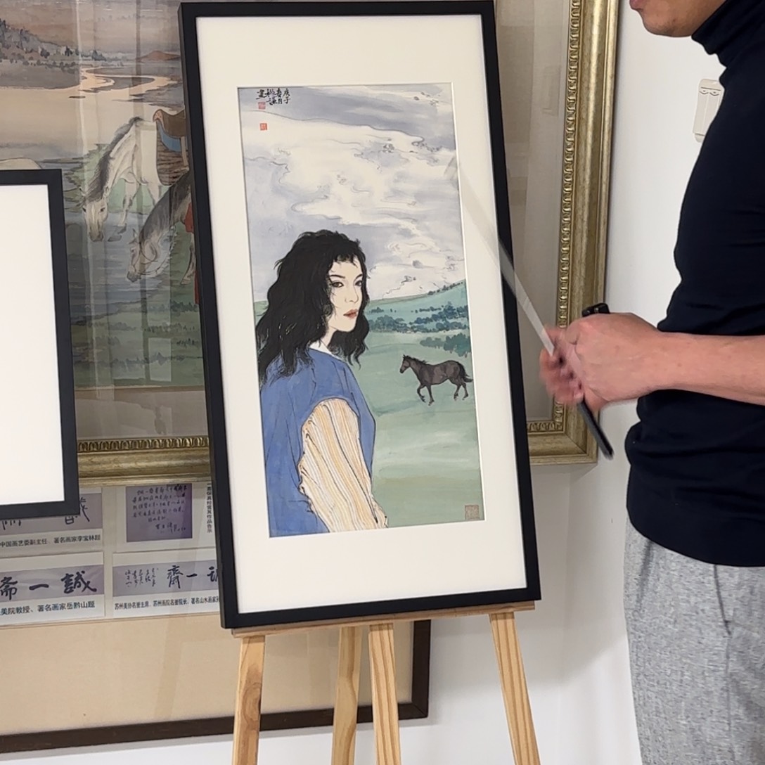 国画柳谦 人物图 带框