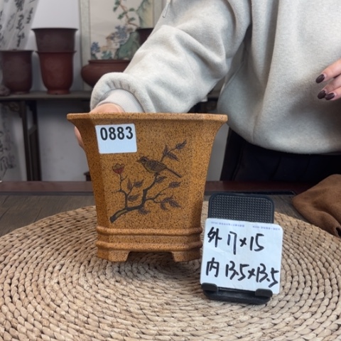 紫砂花盆柴烧花鸟手绘双线切角四方0883