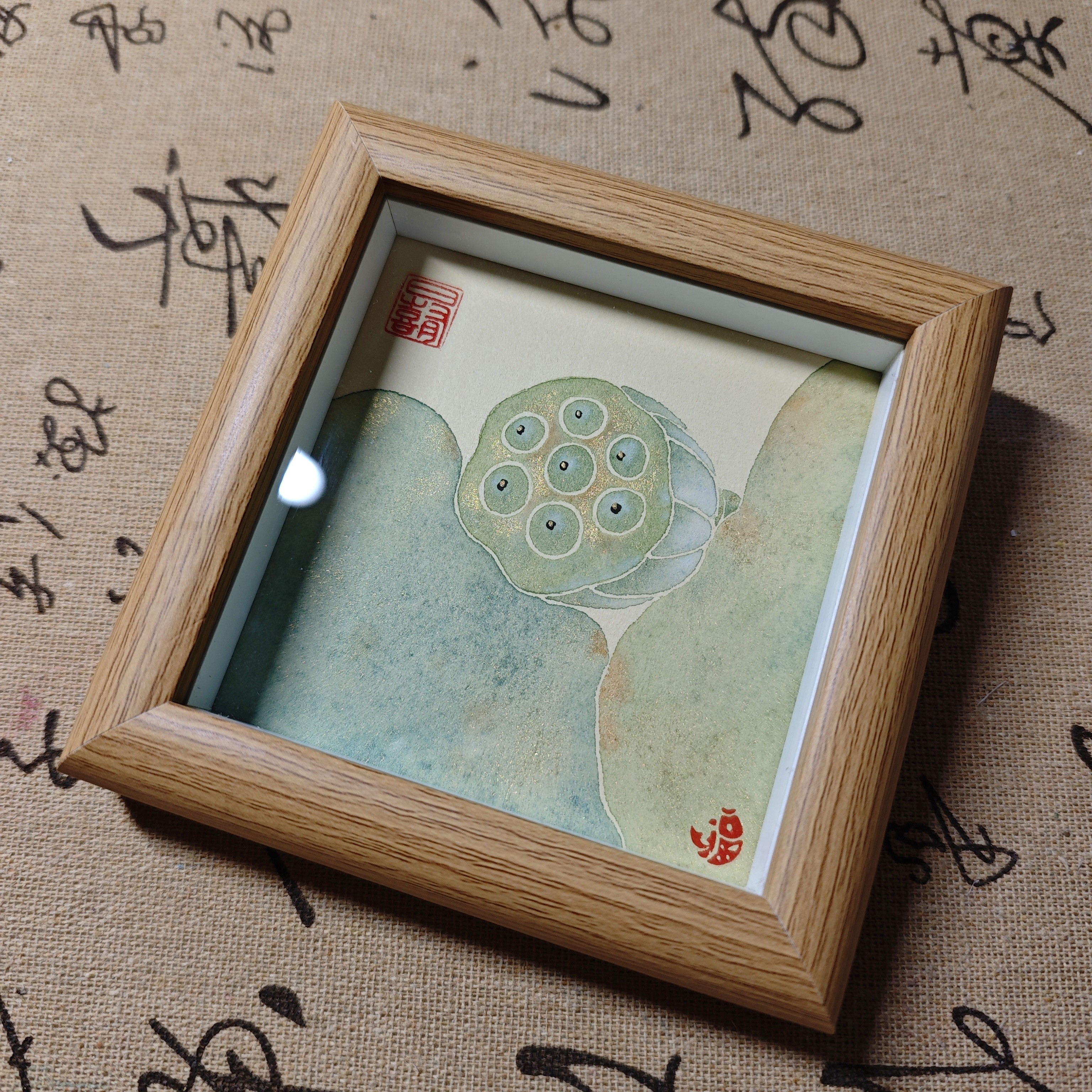 纯手莲蓬摆台桌面小摆台好运连连装饰画外框尺寸约12*12cm