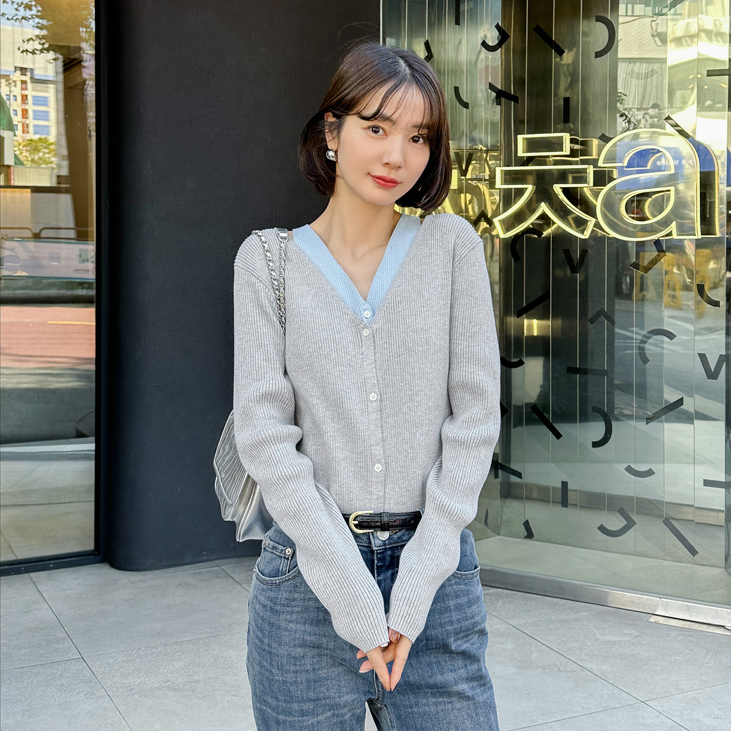 法儿家韩国限定「新品」【优雅双重奏】假两件针织开衫FS305S027