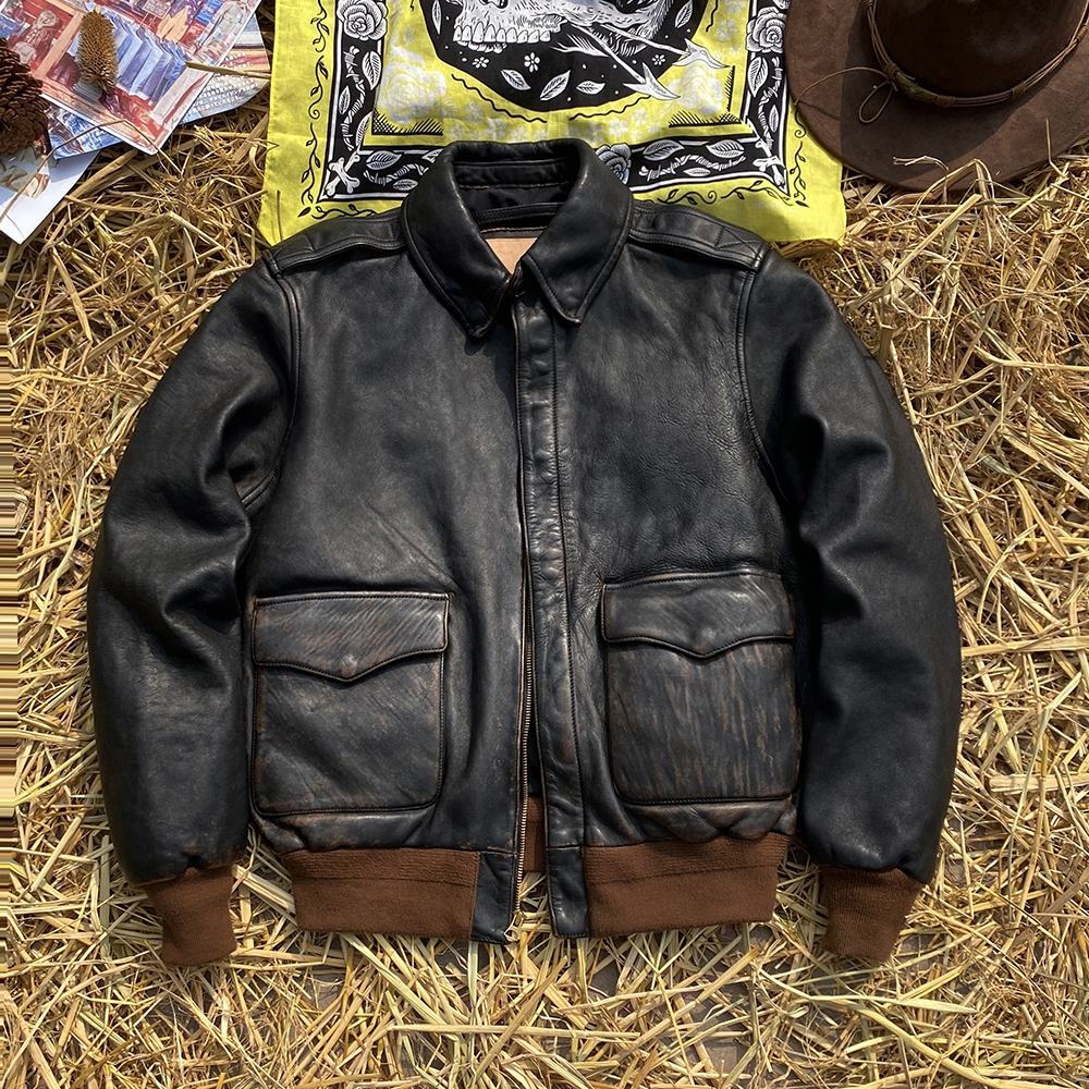 2052全植鞣2.0厚马皮A2款休闲修身百搭复古重水洗做旧飞行皮夹克