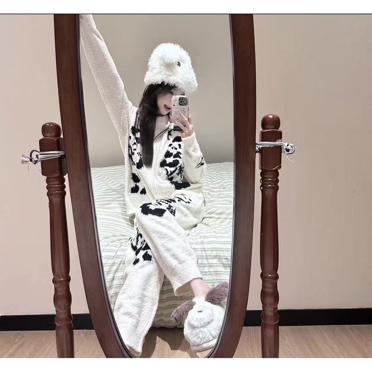 少女可爱款软绵绵满印熊猫拉链可家居可外出家居服套装
