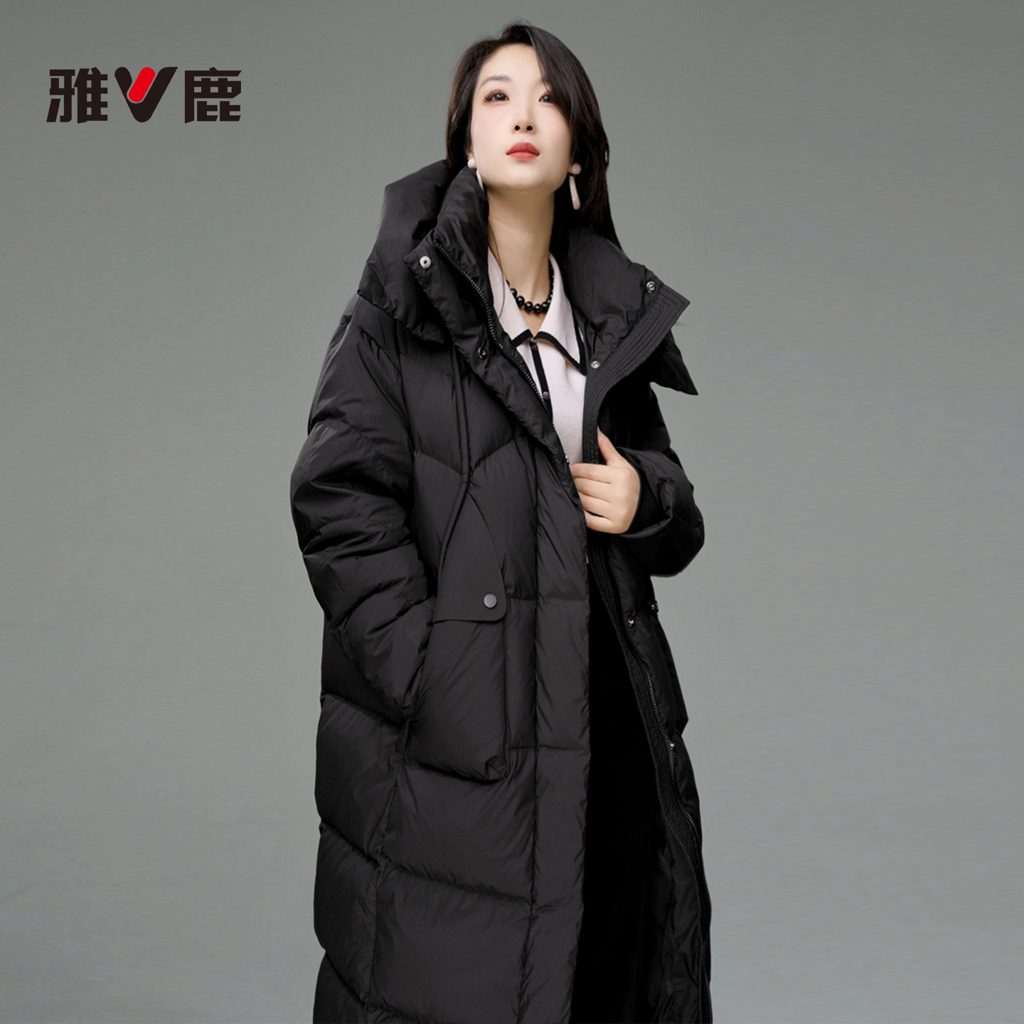 雅鹿女款休闲显瘦韩版中长款宽松羽绒服YVR01B02420