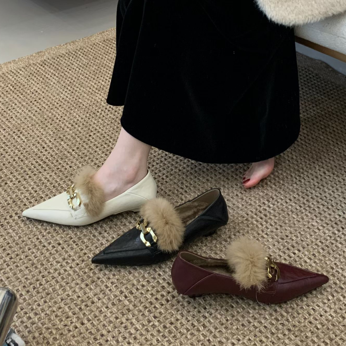 G5-33法式尖头加绒单鞋女冬保暖粗跟毛毛鞋韩系低跟软底百搭通勤