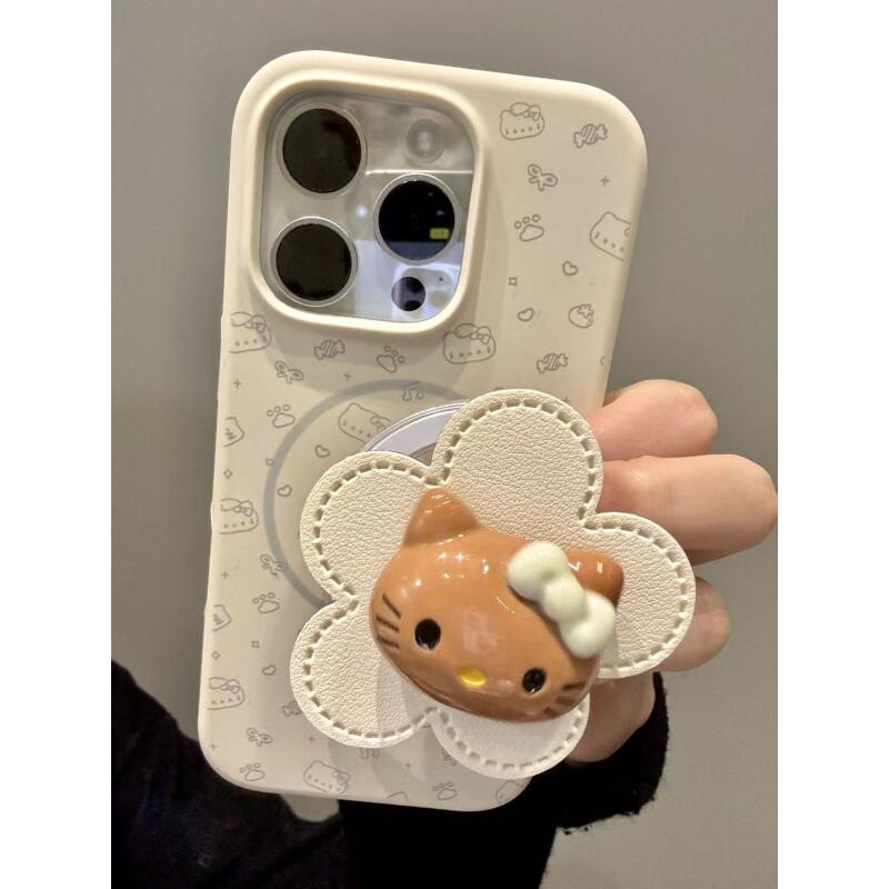 卡通线条黑皮猫咪皮纹小白花磁吸适用iPhone16promax苹果15手机壳