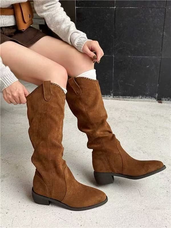 2025新款尖头西部牛仔靴女秋冬加绒保暖粗跟鞋瘦瘦55217-5C