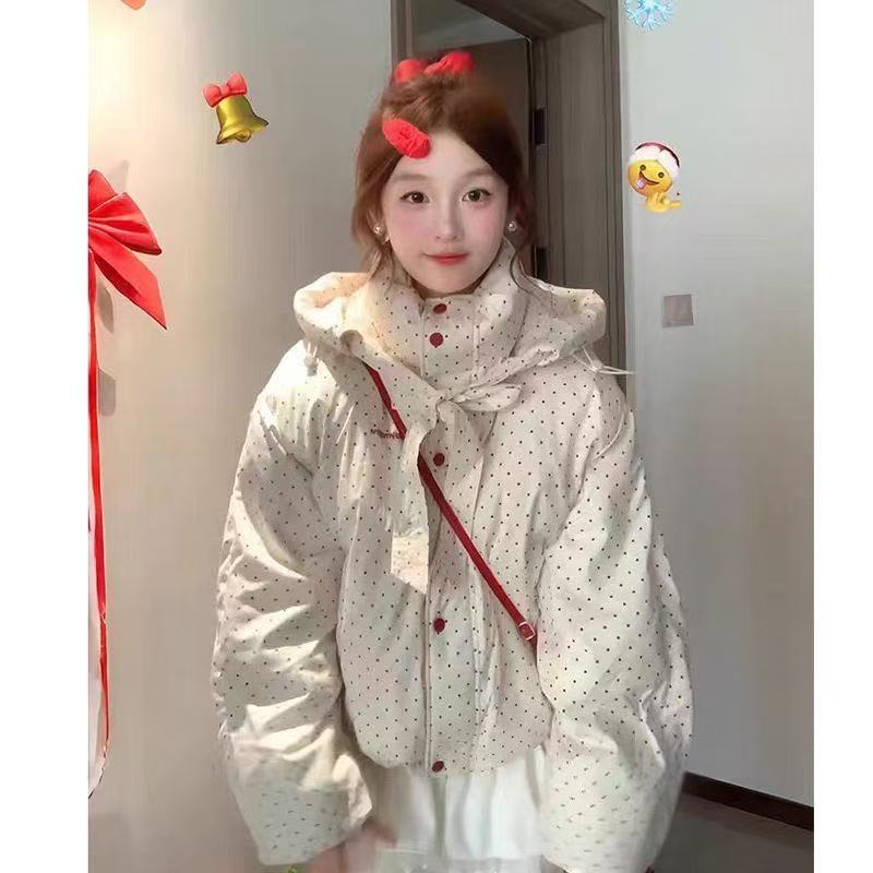 甜美温柔风可爱杏色立领波点棉衣外套女学生冬季加厚防寒保暖棉服