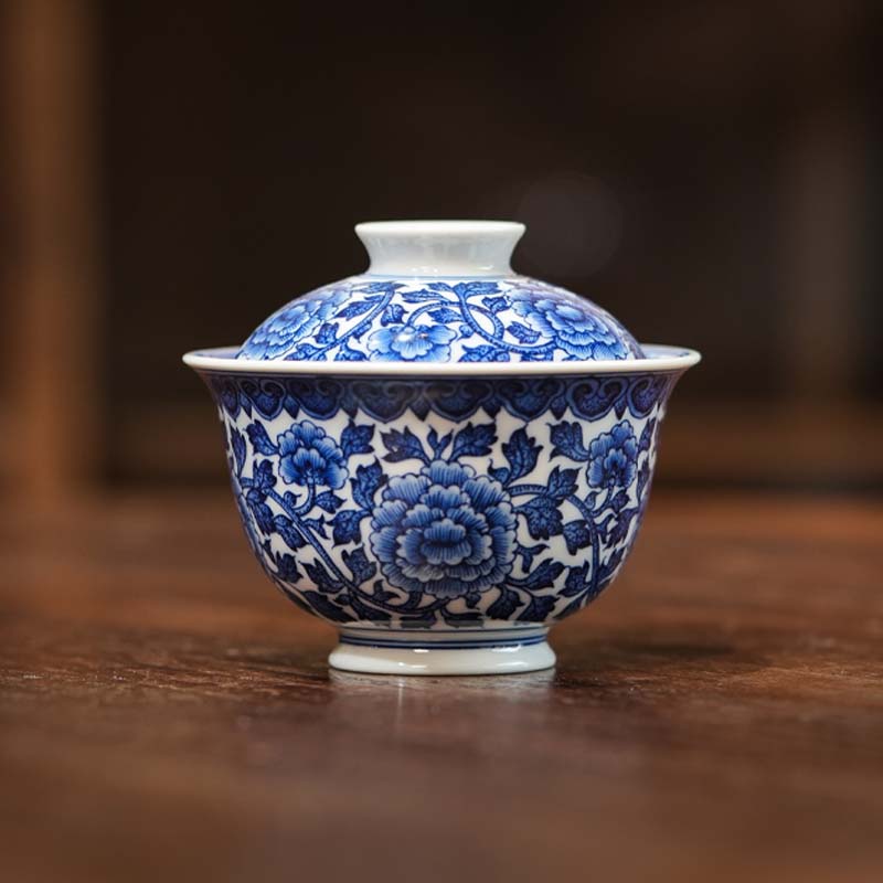 仿清青花牡丹盖碗中式高端送礼茶器手工家用主人杯龙纹三才柴窑