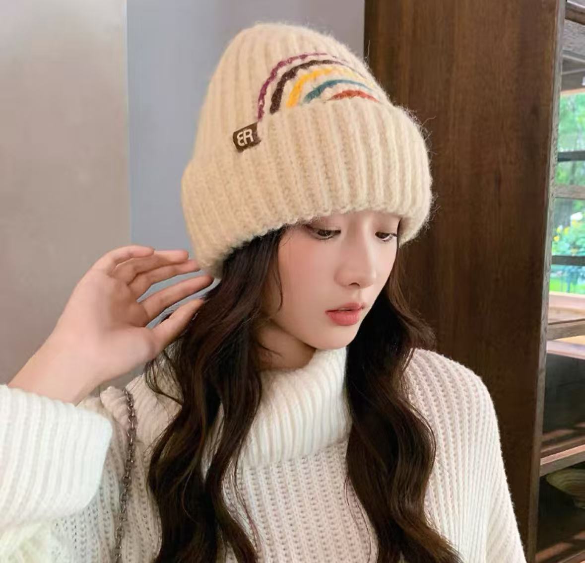 25号 韩版甜美彩虹条纹 女冬时尚显脸小保暖护耳包头帽（无运费险）