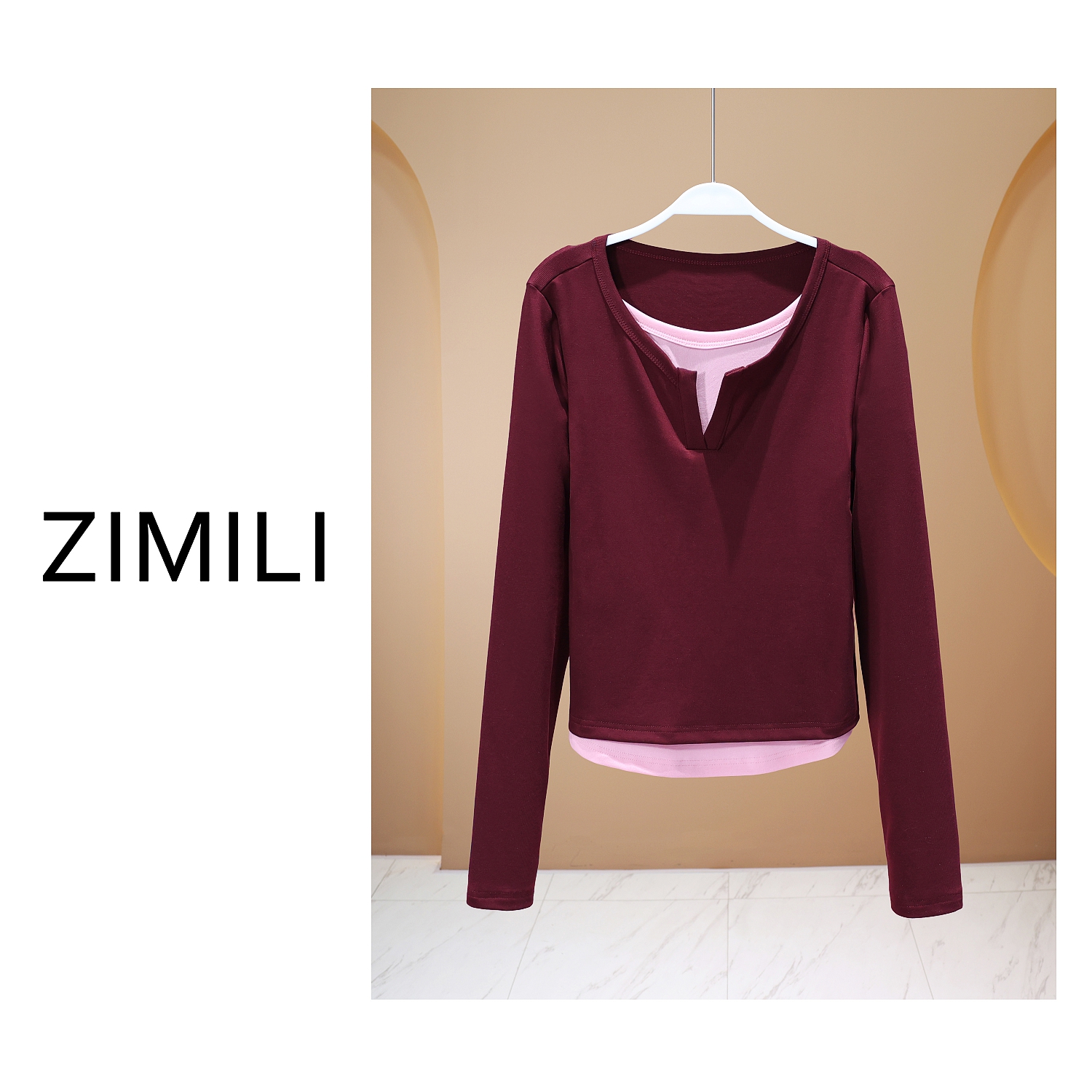 【亮哥女装】2025欧版新品波尔多红假两件高弹打底上衣6023-A0