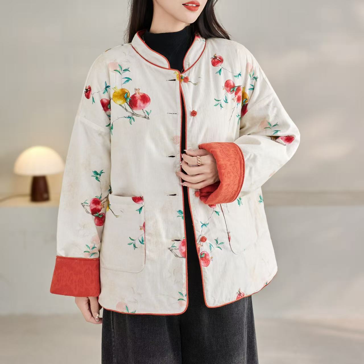 新款双面穿棉服外套秋冬女民族风时尚中式印花复古my  1858