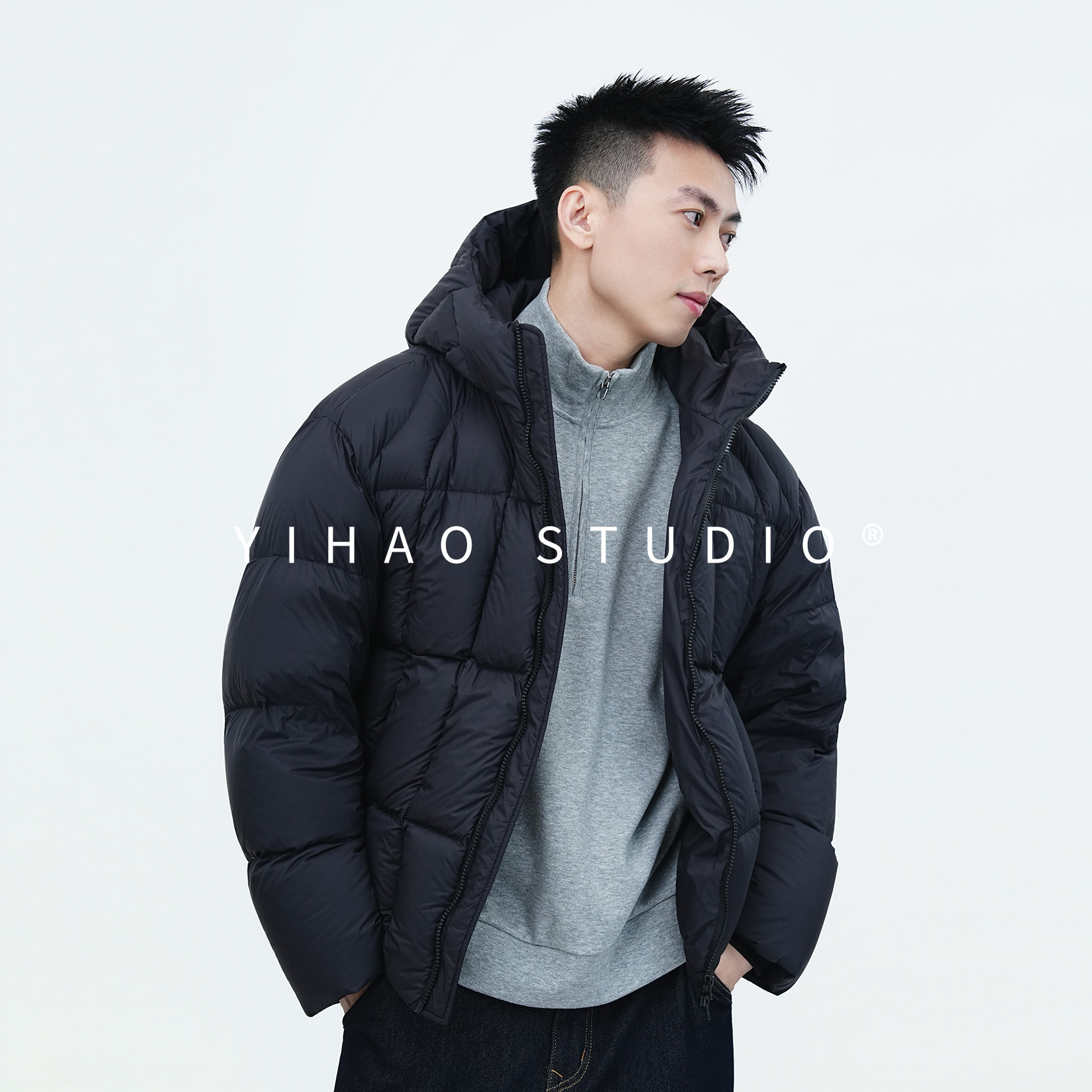 YIHAO STUDIO冬季男款云感保暖连帽羽绒服90白鸭绒短款面包服