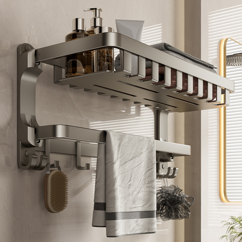 免打孔浴巾架卫生间灰色太空铝壁挂式浴室洗澡间加固浴巾置物架