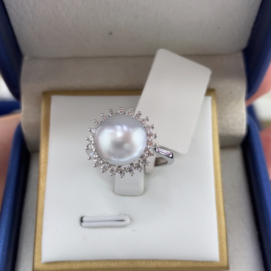 海水珍珠戒指银S925镶嵌澳白珍珠戒指9-10mm