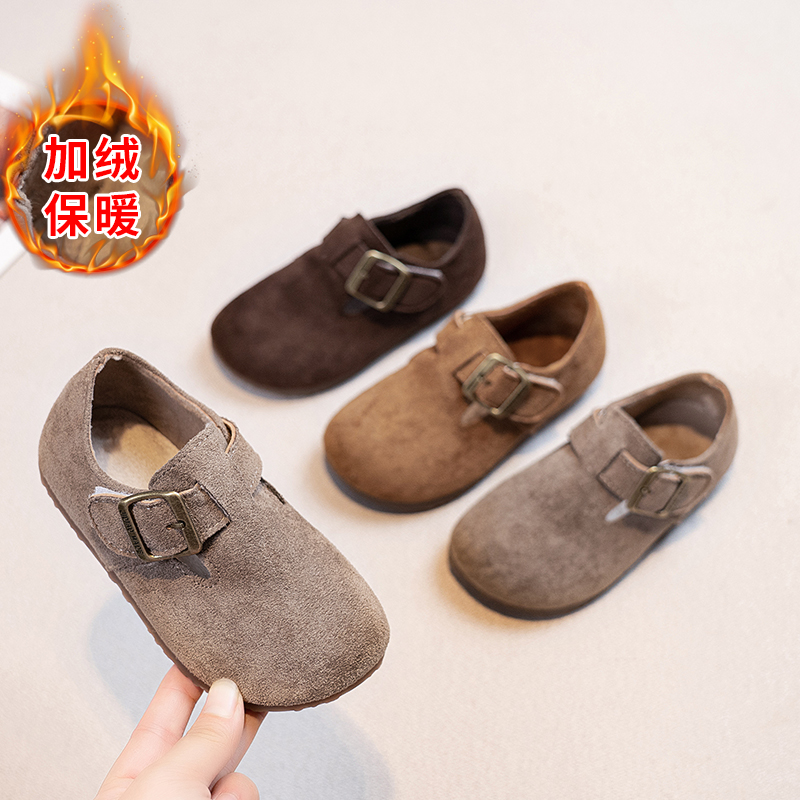 儿童加绒勃肯鞋2025秋冬季韩版时尚百搭加绒单鞋男童豆豆鞋女童鞋