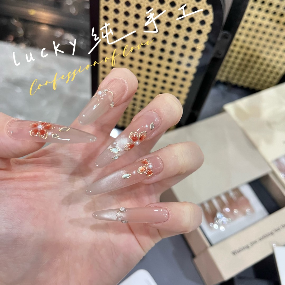 【花见】纯手工穿戴甲美甲裸色猫眼精致显白清新穿戴可拆卸美甲