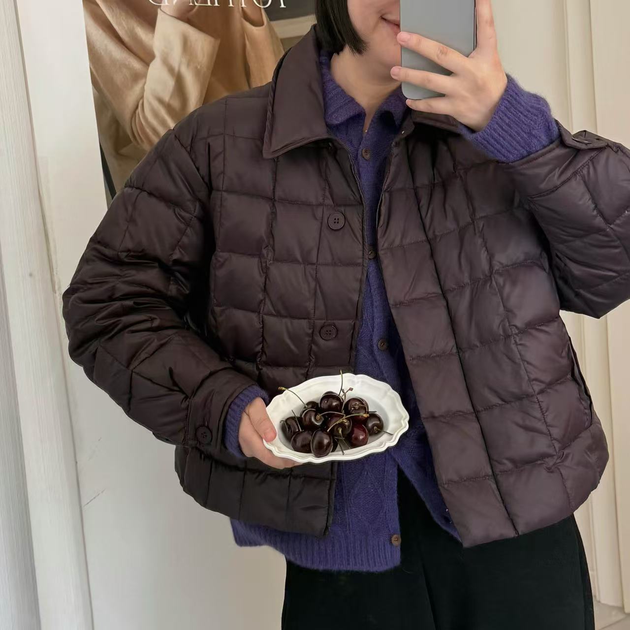 紫气东来小众翻领轻暖方格气质90鸭绒羽绒服短款外套