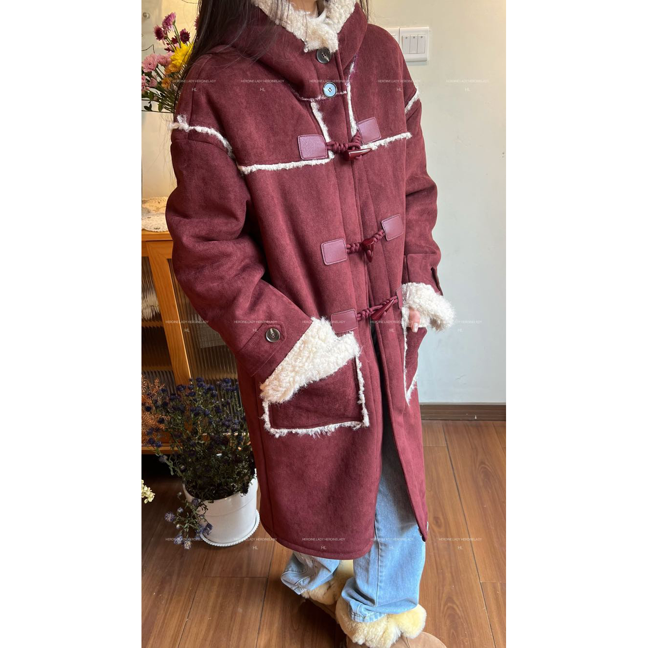 【奔赴冬约长款】HL冬慵懒风环保一体毛长款连帽加绒保暖棉服外套