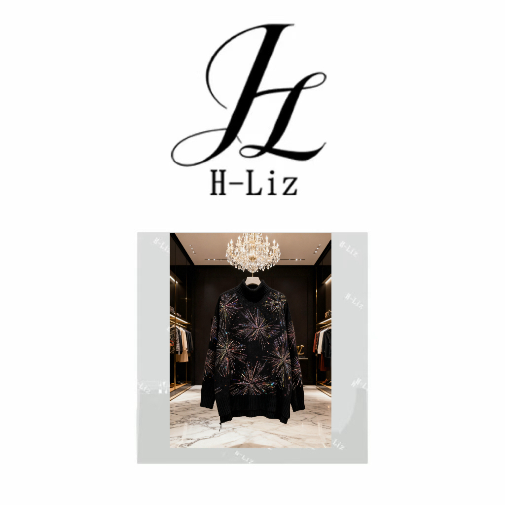 【H-Liz】星河落肩黑色高领烟花烫钻毛衣M25364M