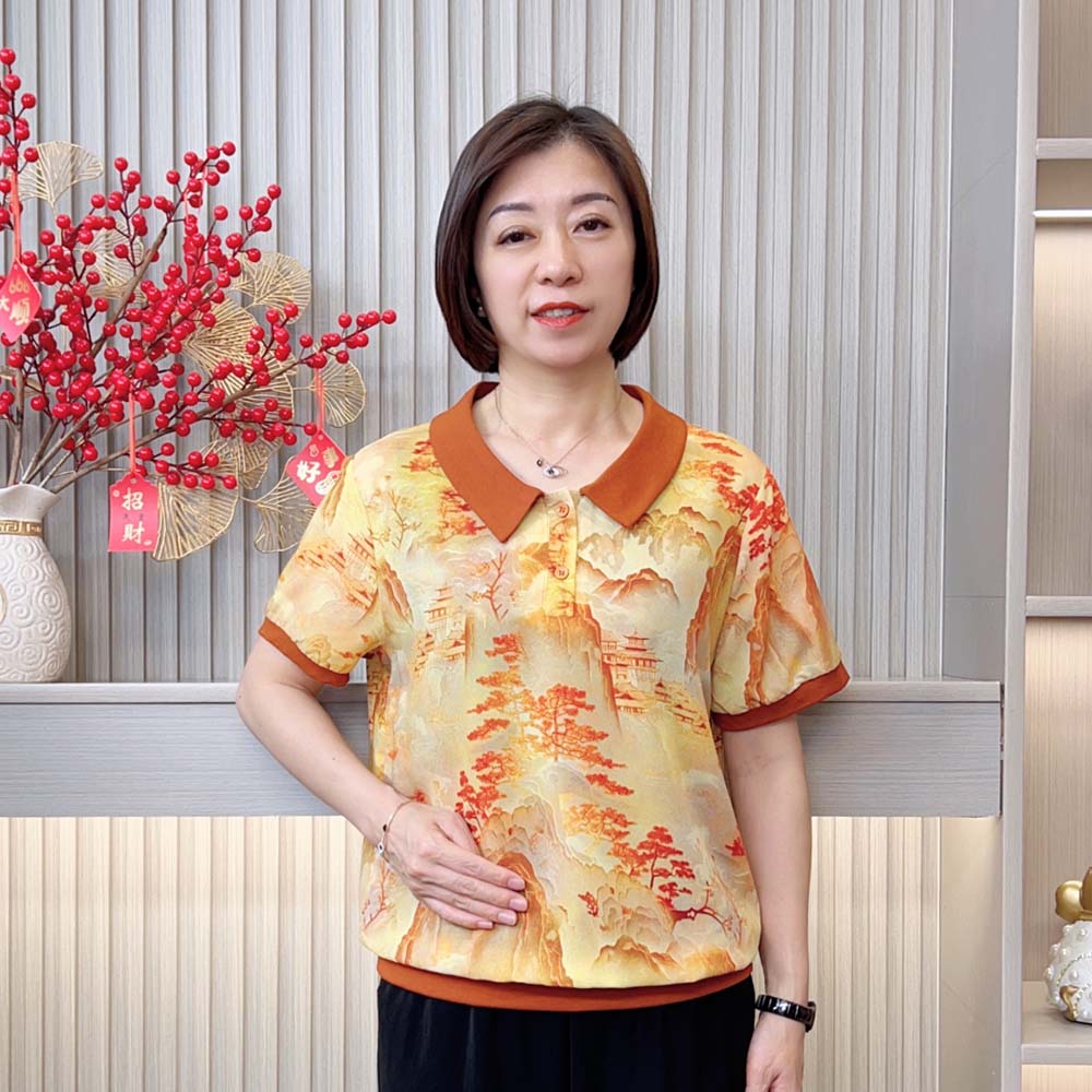 2025夏季新款洋气减龄宽松显瘦气质翻领印花中老年妈妈装短袖上衣