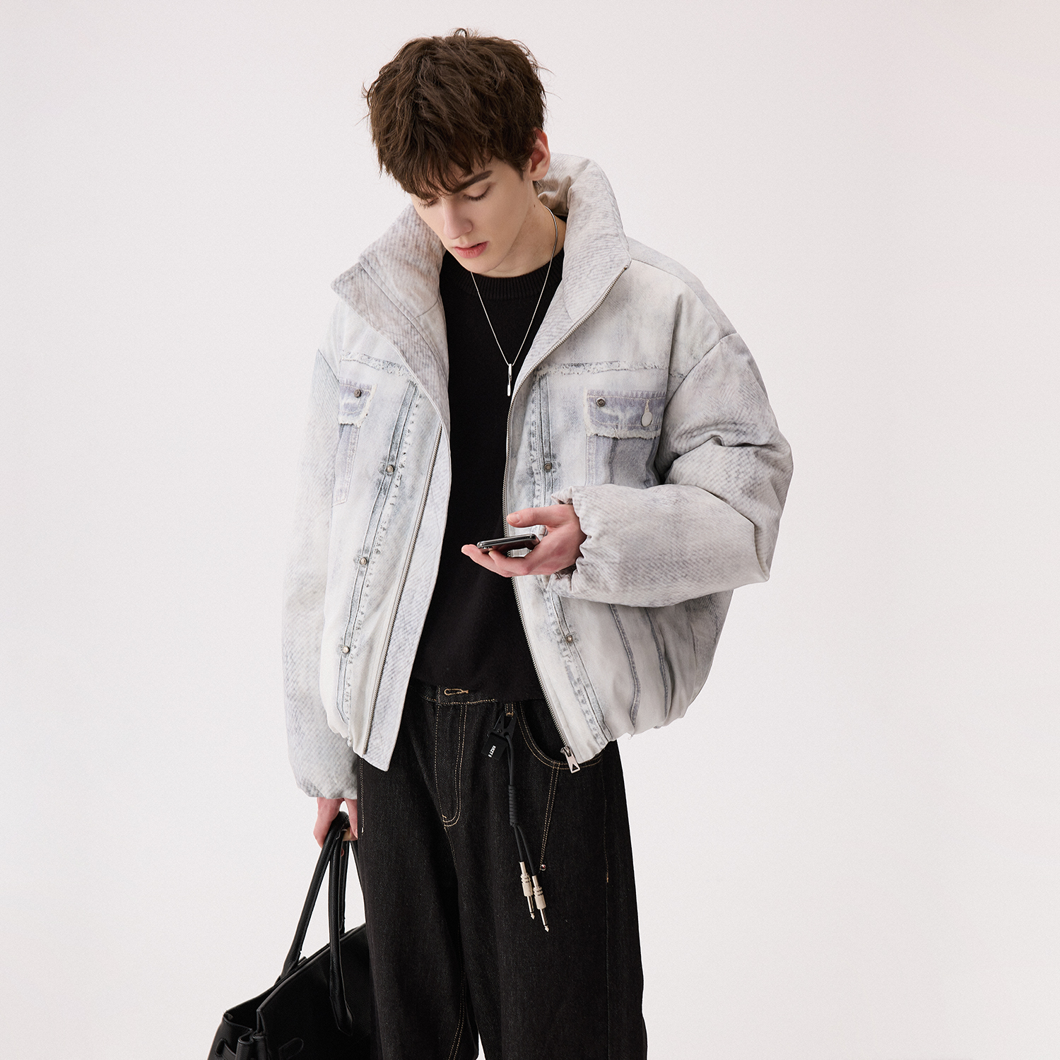 CHICERRO西西里男装粗斜布街头复古做旧短款时尚休闲连帽冬季保暖