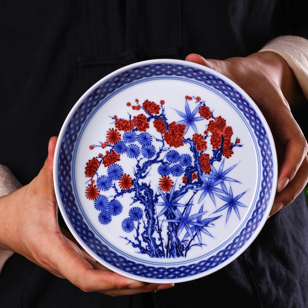 青花釉里红松竹梅壶承