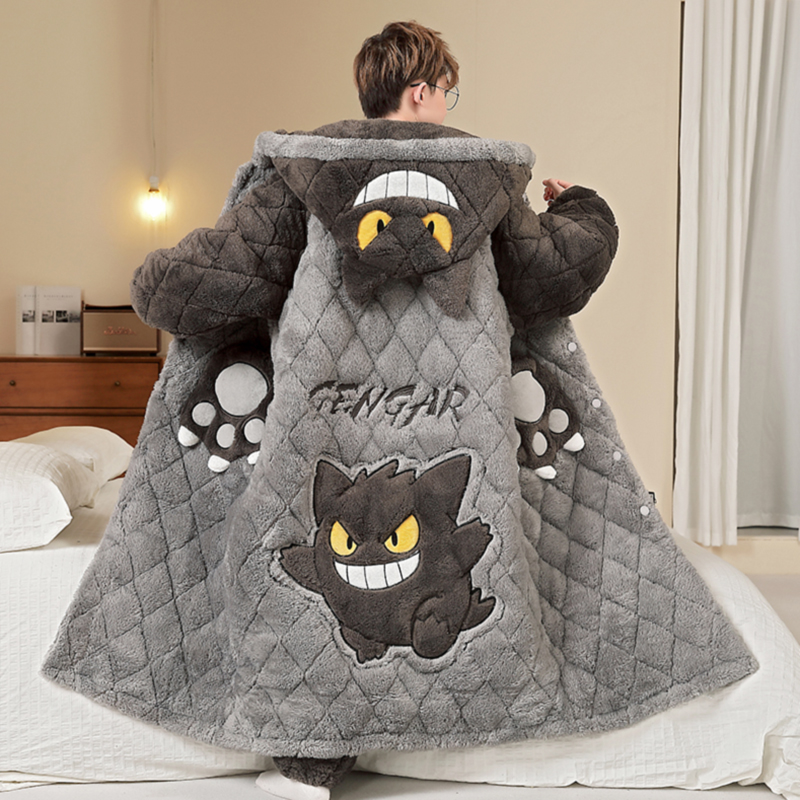 男士睡衣冬季珊瑚绒加厚加绒三层夹棉睡袍青少年卡通连帽棉服套装