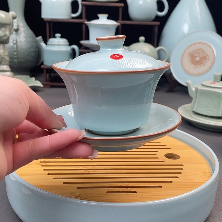 瓷片天青马蹄盖碗微微瑕简包装