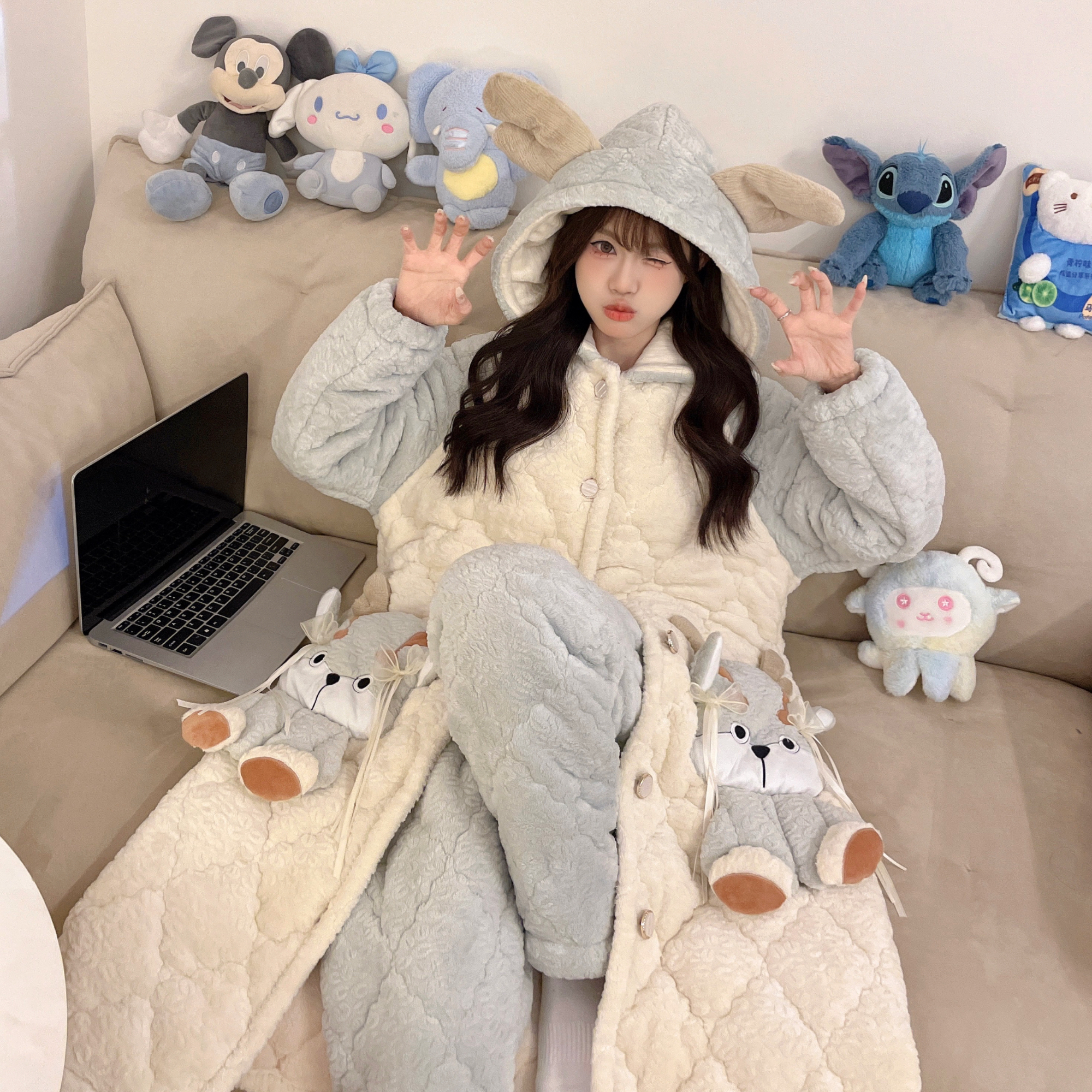 2025三层夹棉睡衣女秋冬季加绒加厚连帽睡袍可爱浴袍家居服冬天