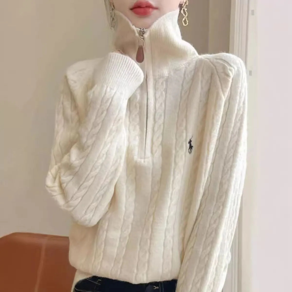 韩版小马刺绣半拉链翻领毛衣女秋冬季加厚复古针织衫慵懒麻花上衣