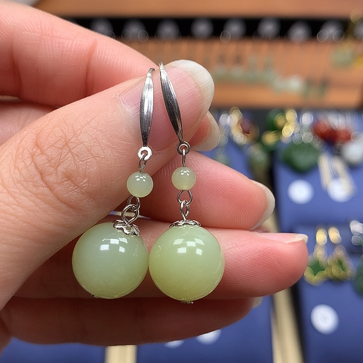 和田玉银S925镶嵌耳饰12左右黄口