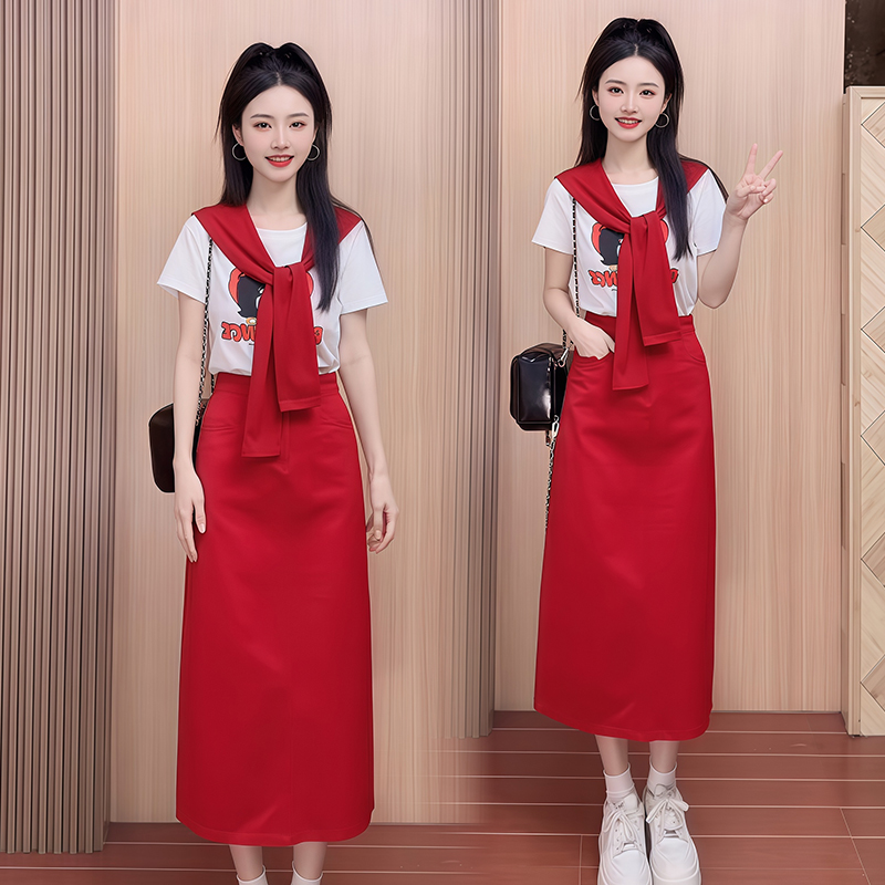 时尚百搭套装女2025年夏季新款洋气减龄印花短袖上衣长裙两件套潮