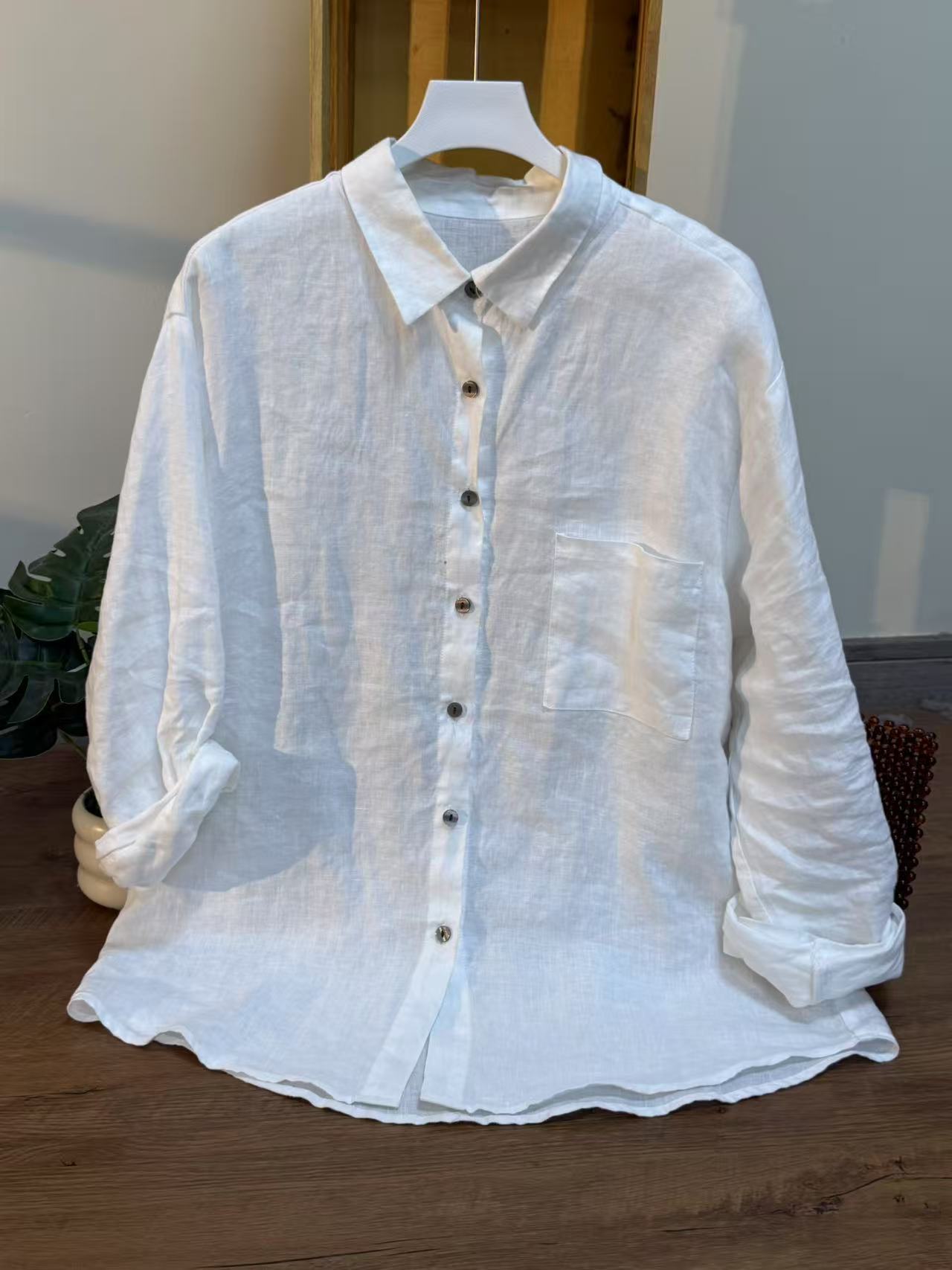 【云目悠悠】秋季亚麻女士纯色长袖清凉排扣衬衫-2025744