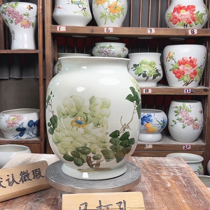 摆件冬瓜高27绿绿牡丹新款陶瓷