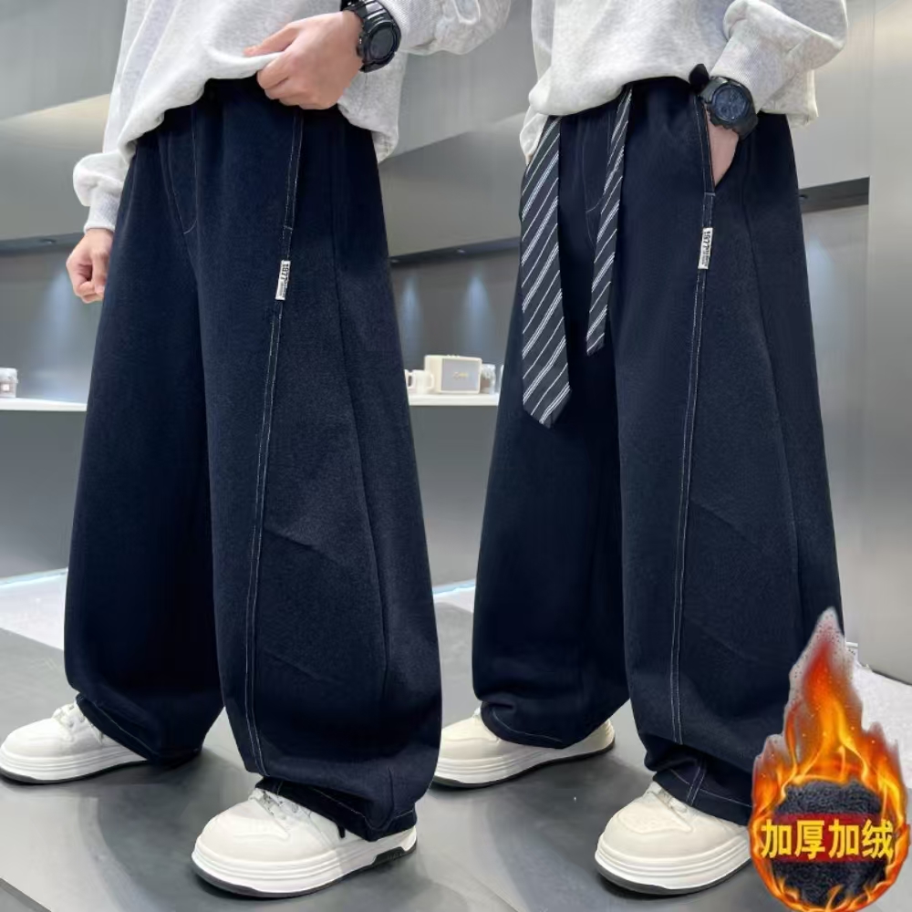 童装2025新款冬季加绒加厚针织棉感牛仔弯刀裤男女款休闲宽松裤子