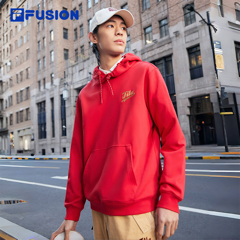 Fila/斐乐新年2025春季新款休闲连帽宽松卫衣红色运动长袖套头衫