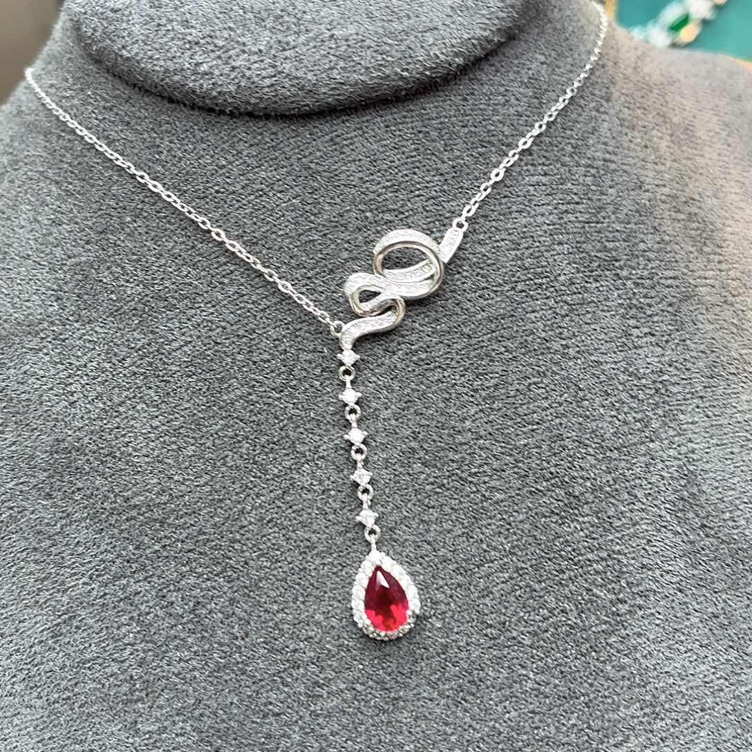 坠链均925银培育鸽血红色宝石
