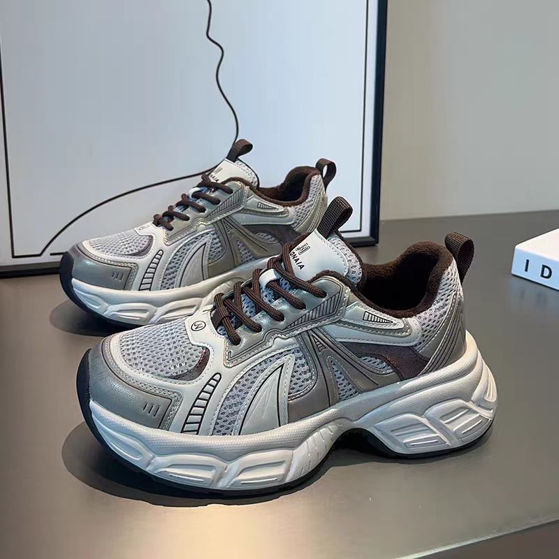 真皮厚底灰色休闲鞋女2025新款轻便运动鞋增高系带休闲跑步鞋52