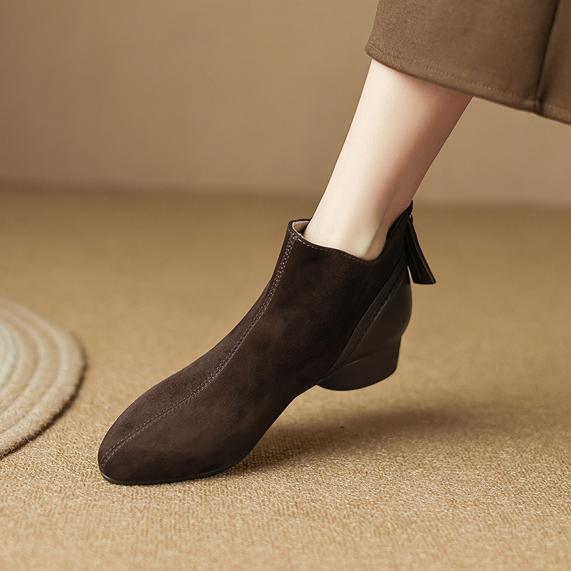 徐先生 头层羊皮 跟高3cm 34-40低跟短靴后拉链靴子粗跟好走路单