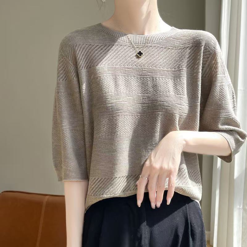 白家【线条圆领】细织百搭气质宽松短袖上衣新ZM-06-074