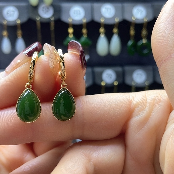 和田玉耳饰银S925镀金镶嵌