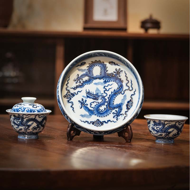 御景堂 青花海水龙纹压手杯茶具陶瓷纯手工茶道主人杯