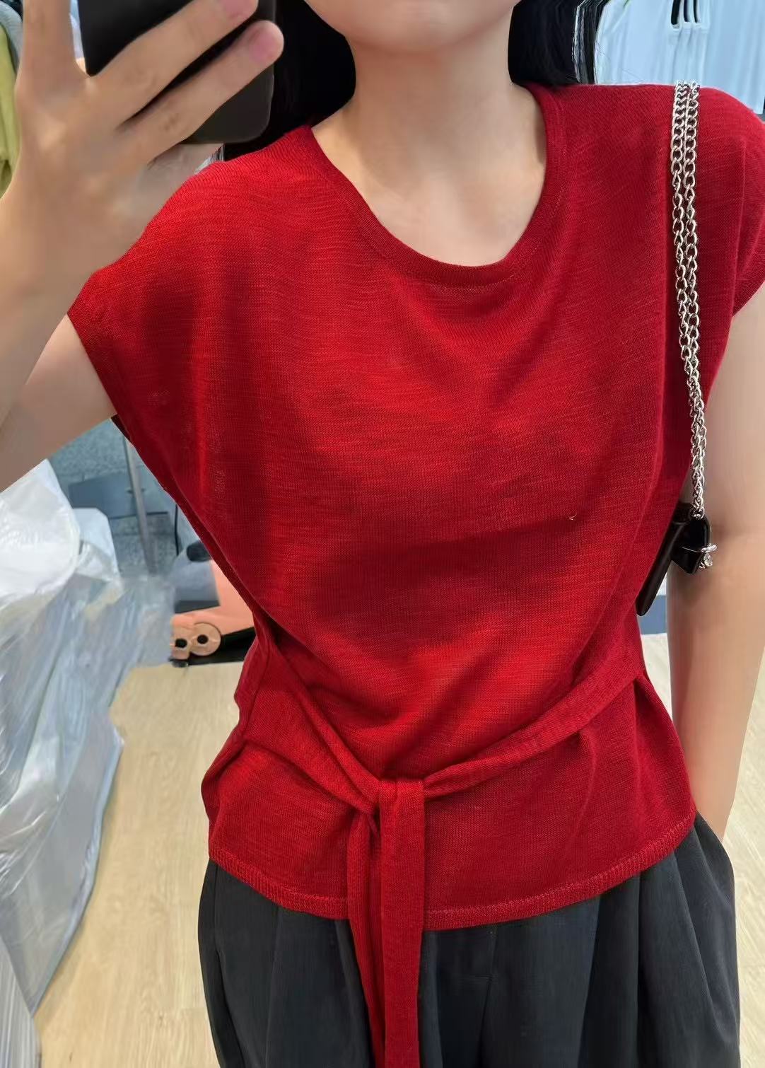 【安迪严选】976薄款镂空针时尚织衫女设计感绑带收腰微透上衣女