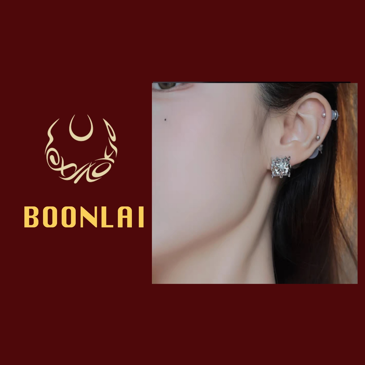 铜合金锆石耳饰 Boonlai 白色锆石方形气质轻奢耳饰耳钉1842