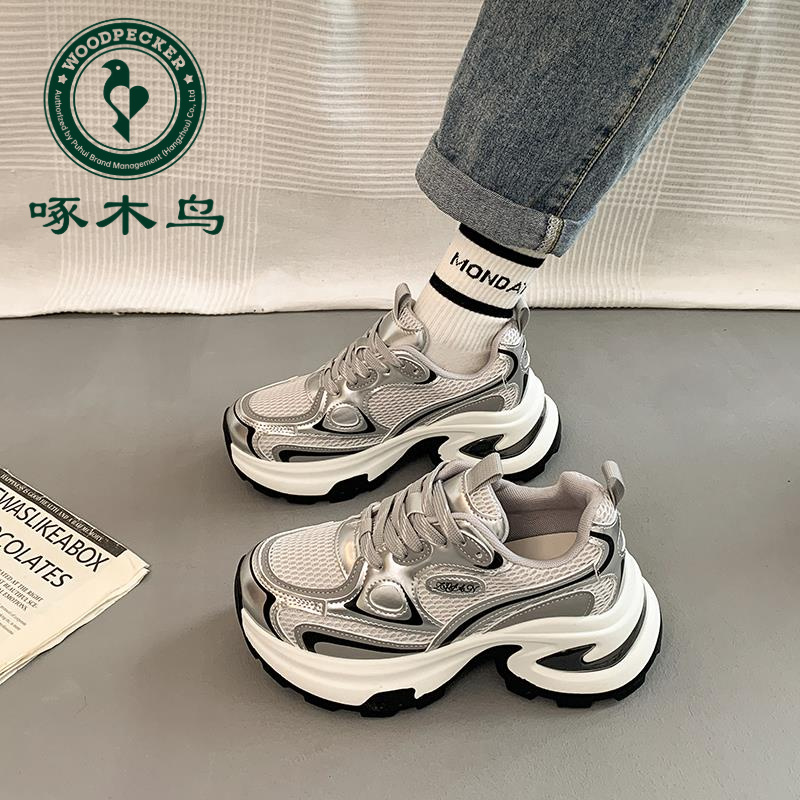 啄木鸟运动鞋女春夏新款增高厚底爆款百搭显脚小网面透气老爹鞋女