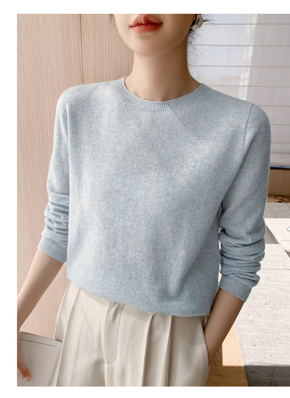 100%纯山羊绒061精纺金银丝薄款圆领衫时尚简约休闲女百搭宽松衫