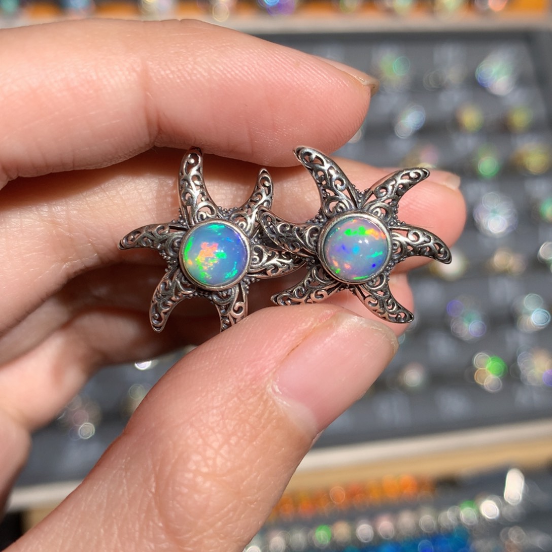 银S925镶嵌欧泊欧泊耳饰y