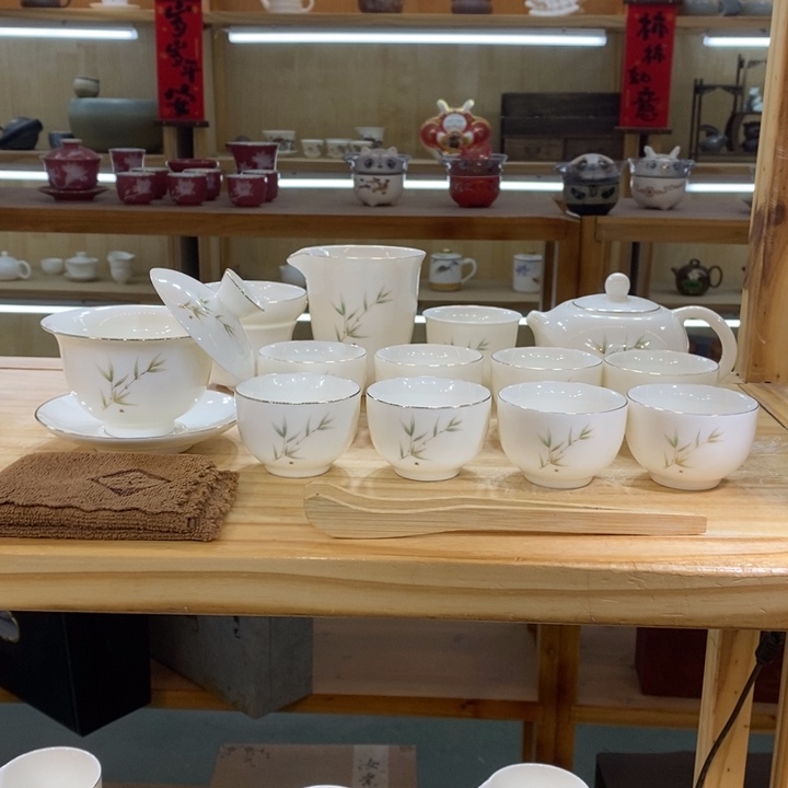 竹报平安羊脂玉茶具大套装